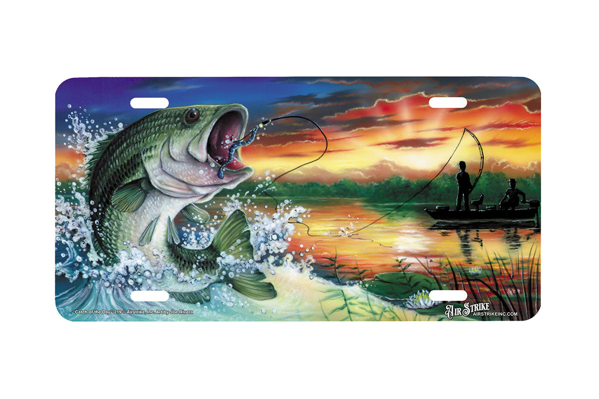 Silver Bass Fishing American Flag License Plate