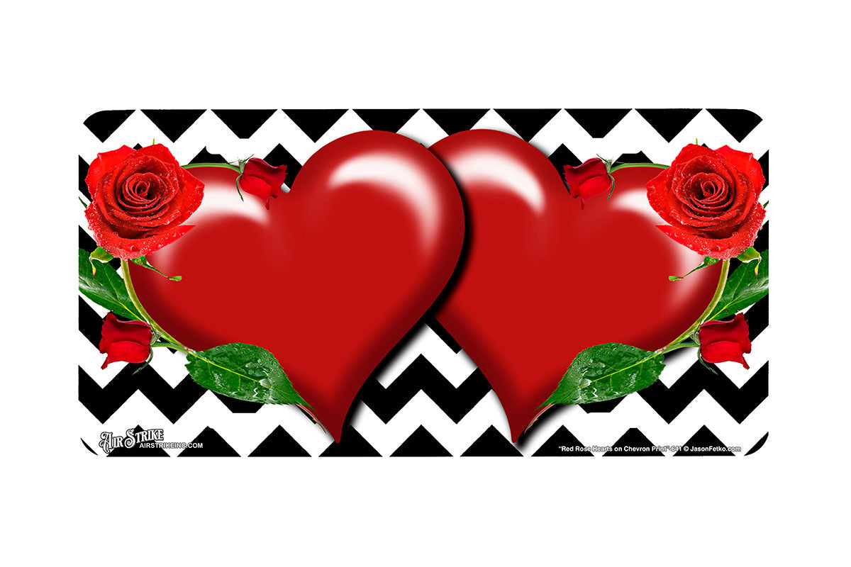 "Red Rose Hearts on Chevron Print" - Decorative License Plate