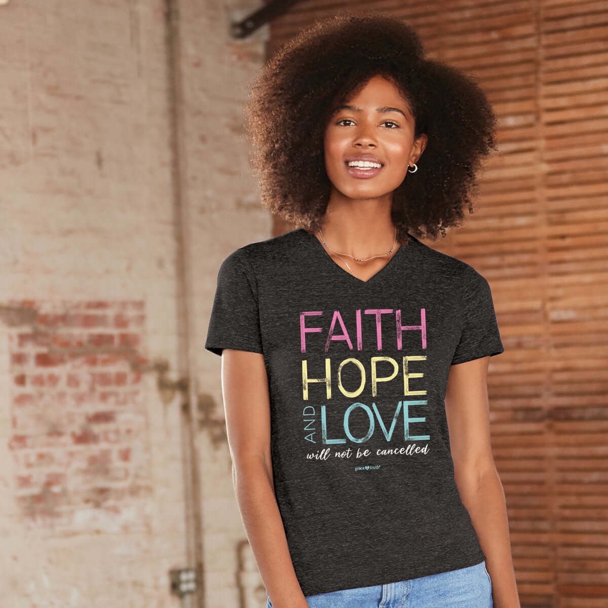 grace & truth Womens V-Neck T-Shirt Faith Love And Hope