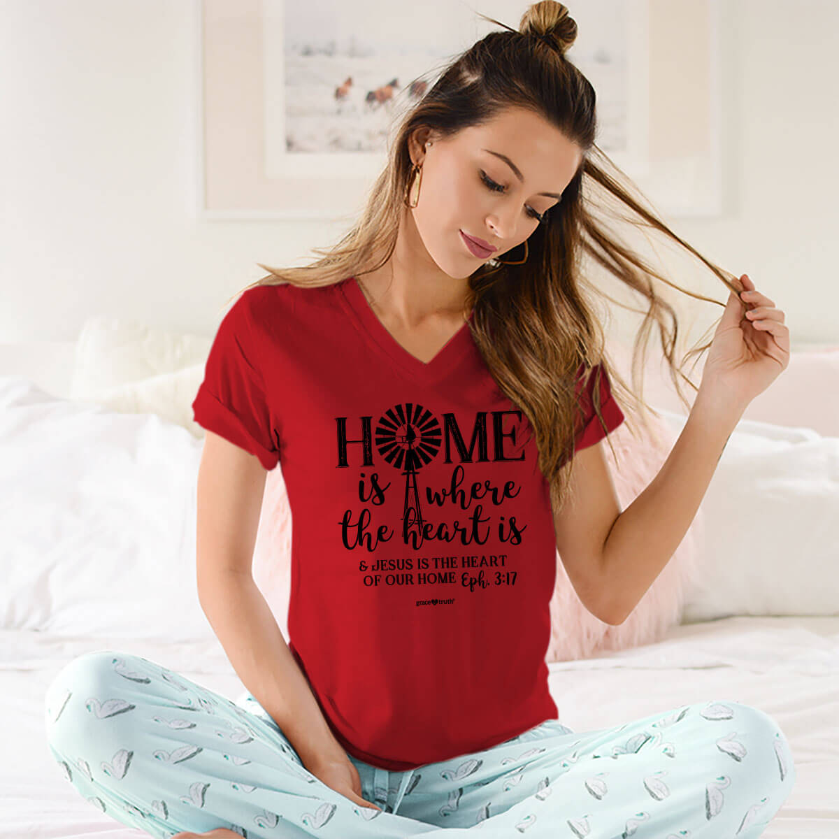 grace & truth Womens V-Neck T-Shirt Home Is Where The Heart Is