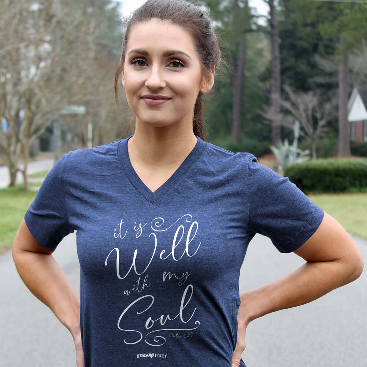 grace & truth Womens V-Neck T-Shirt It Is Well Script