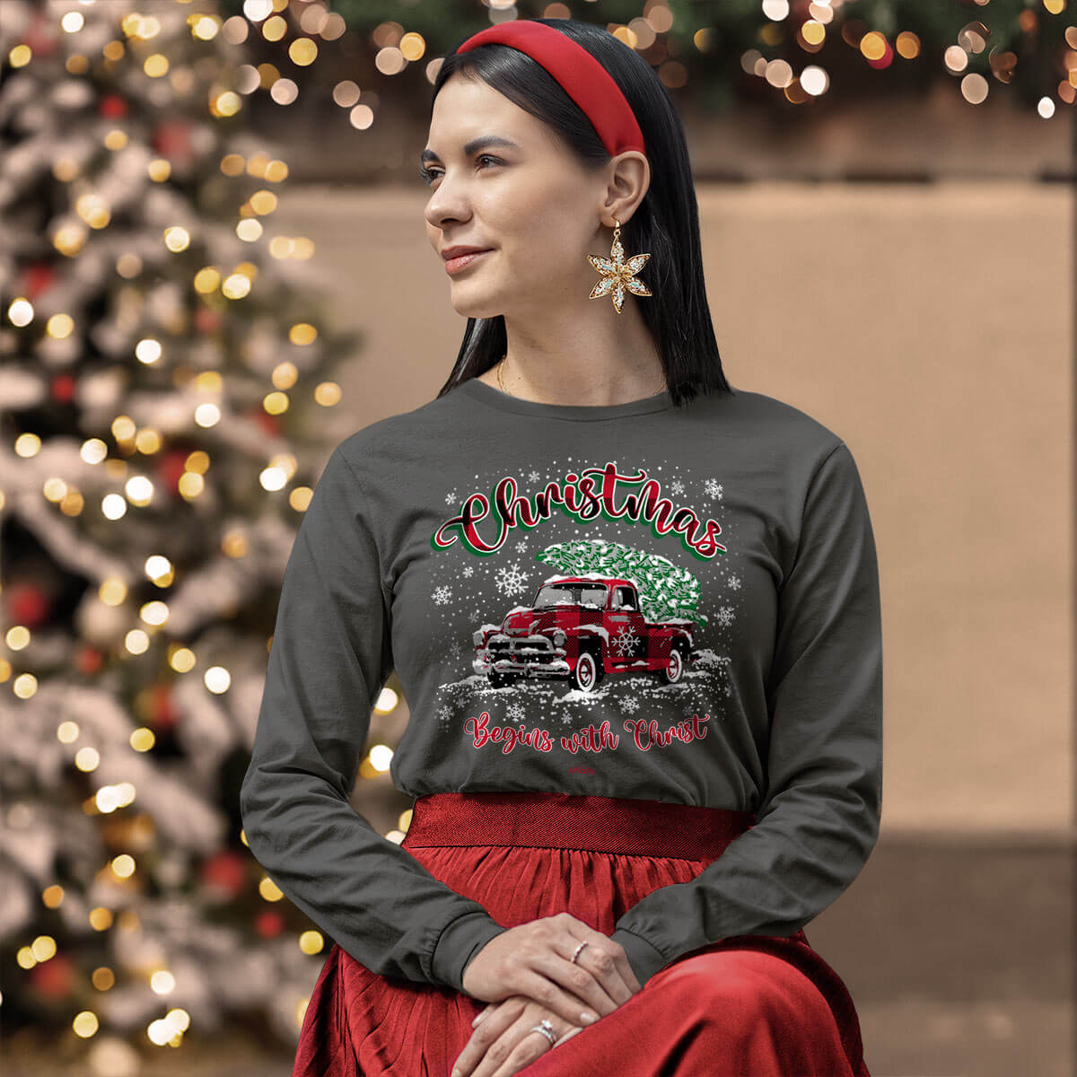 Kerusso Christmas Long Sleeve T-Shirt Christmas Tree Truck